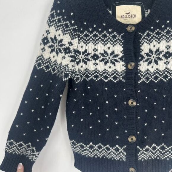Y2K Hollister Women’s Fair Isle Nordic Navy Blue White Cardigan Size S Wool Blen - Picture 5 of 10